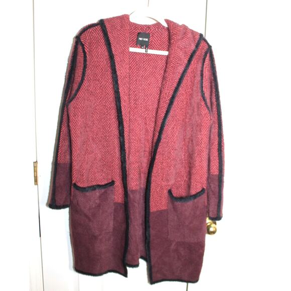 Nic + Zoe Maroon Herringbone Hooded Duster Cardigan Sweater sz M - Picture 1 of 3